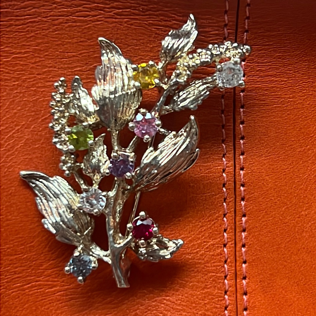 Vintage Sterling Silver Multicolor Rhinestone Brooch